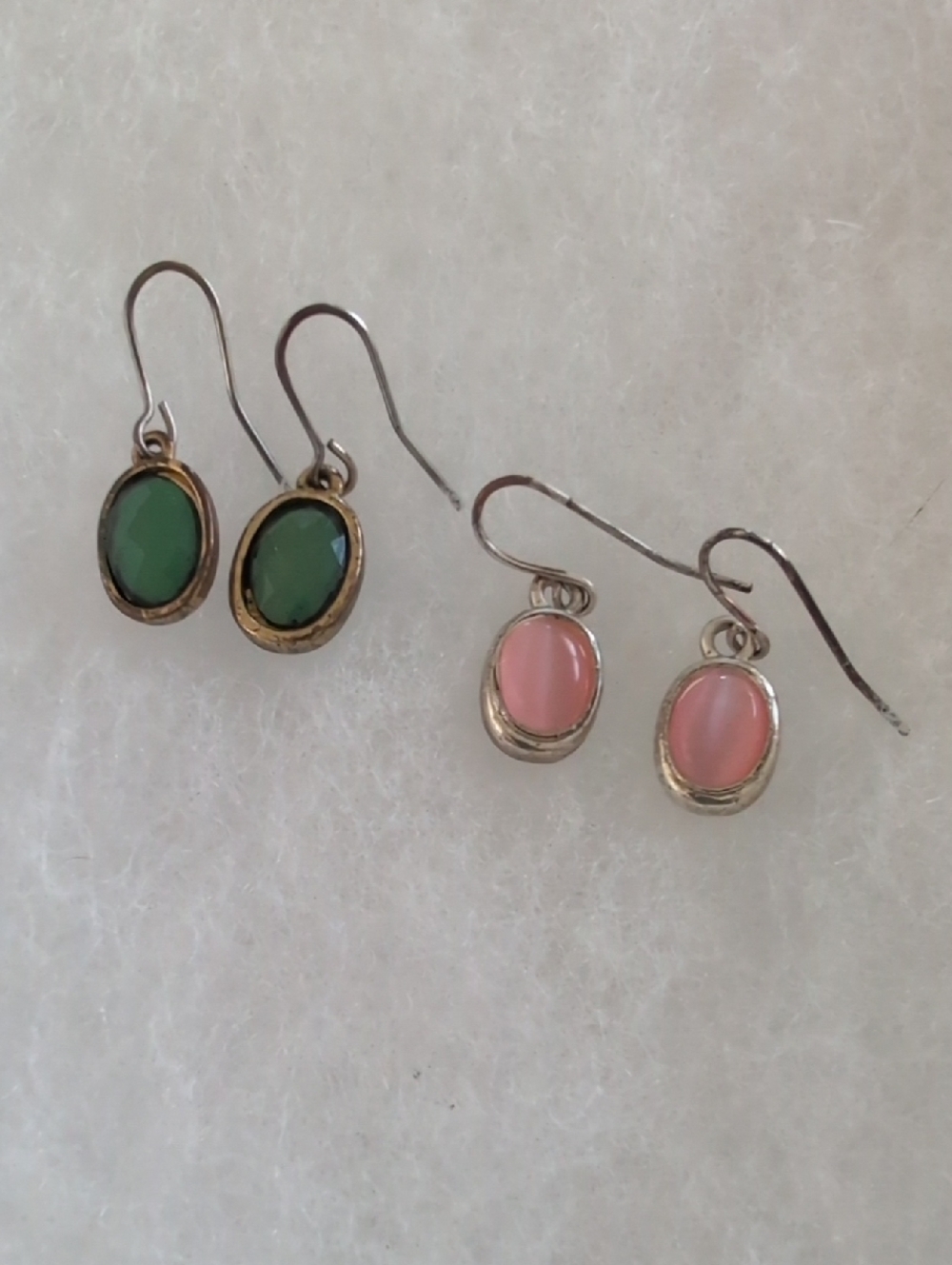 Vintage Cabochon Earring Duo - Pink Cat's Eye & Faceted Teal Drops